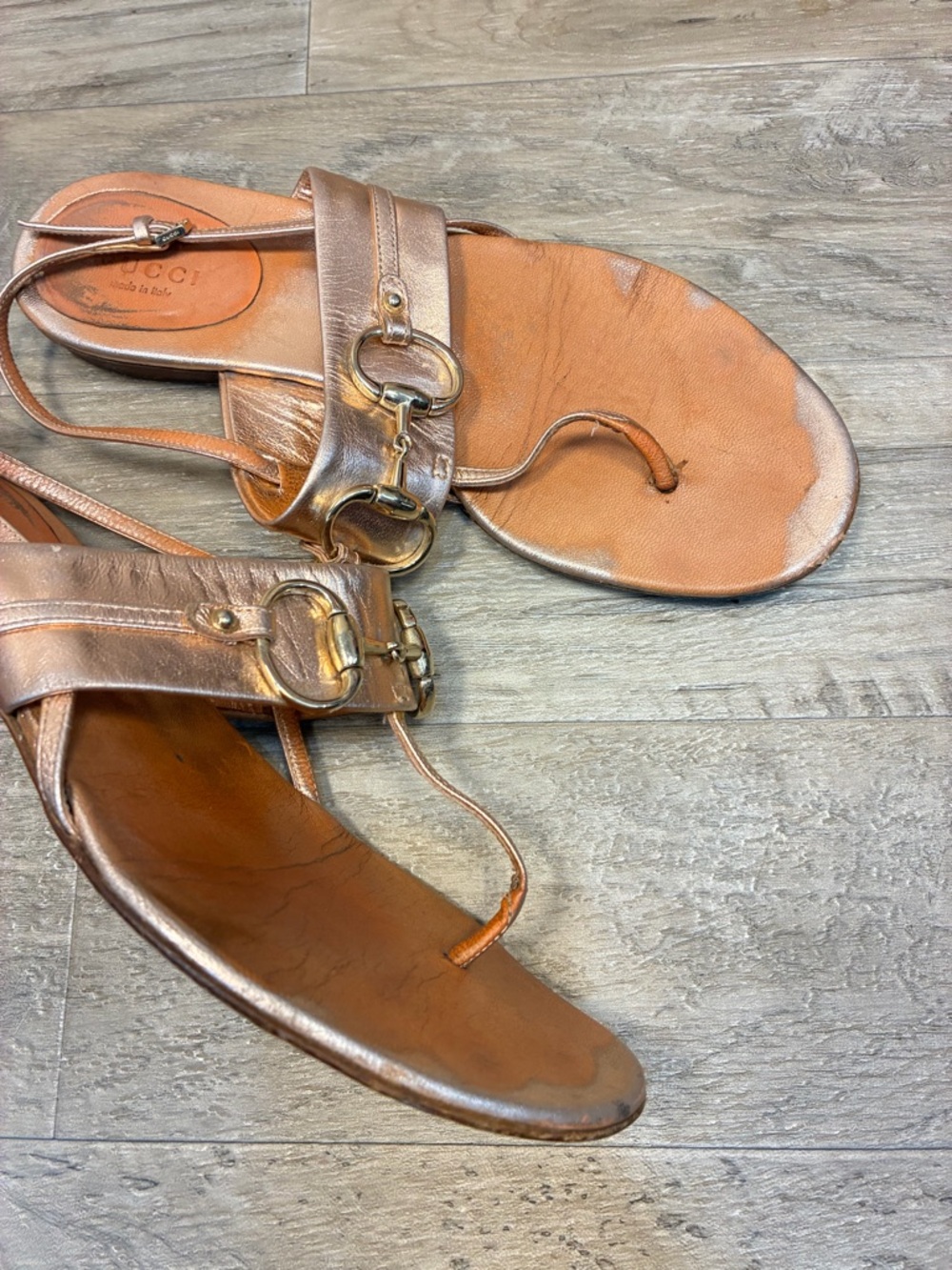 Gucci Italy Horsebit Thong Slingback Rose Gold Sandals - Picture 10 of 15